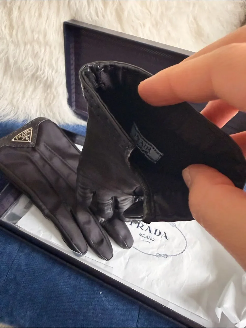 Prada Black Nylon leather Logo Gloves for Men — Triangular Badge